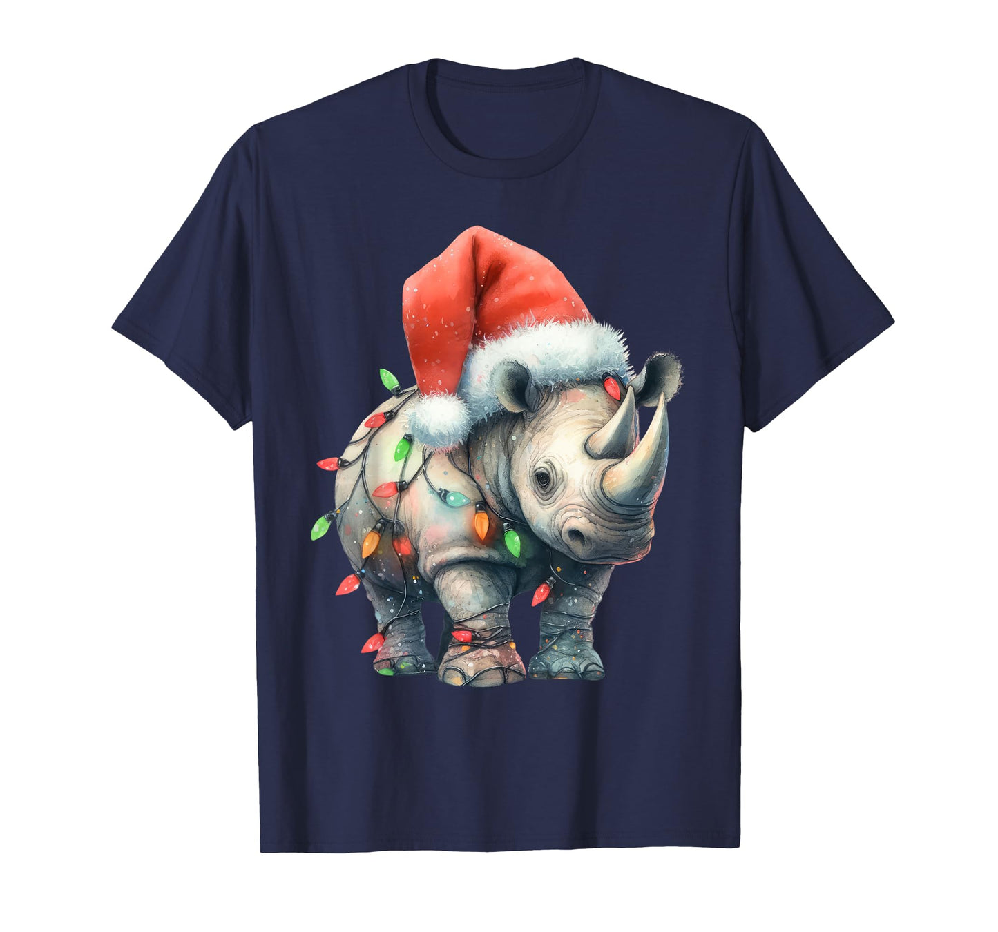 Rhino Christmas Lights Funny Santa Hat Merry Xmas T-Shirt