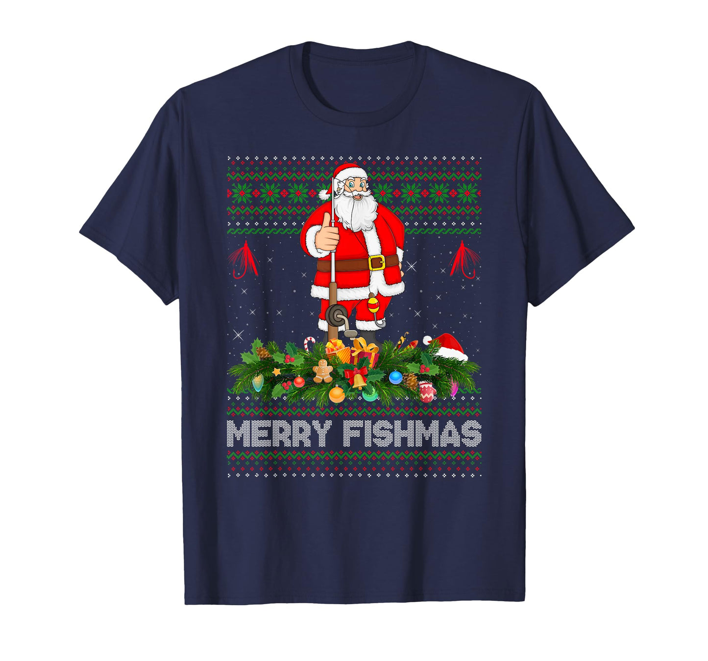 Fishing Santa Ugly Christmas Sweaters Merry Fishmas Xmas T-Shirt