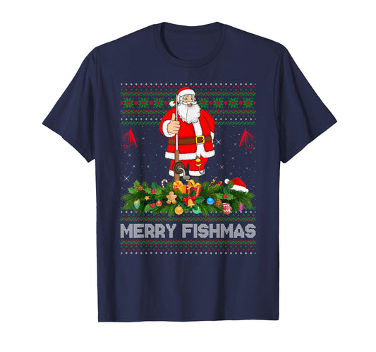 Fishing Santa Ugly Christmas Sweaters Merry Fishmas Xmas T-Shirt