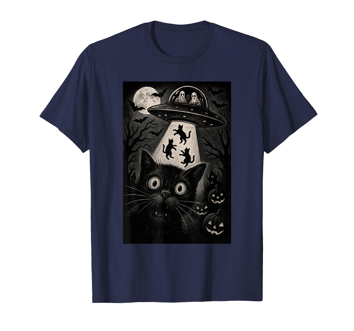 Halloween Cat Selfie Scary Alien Abduction Cats UFO Flying T-Shirt