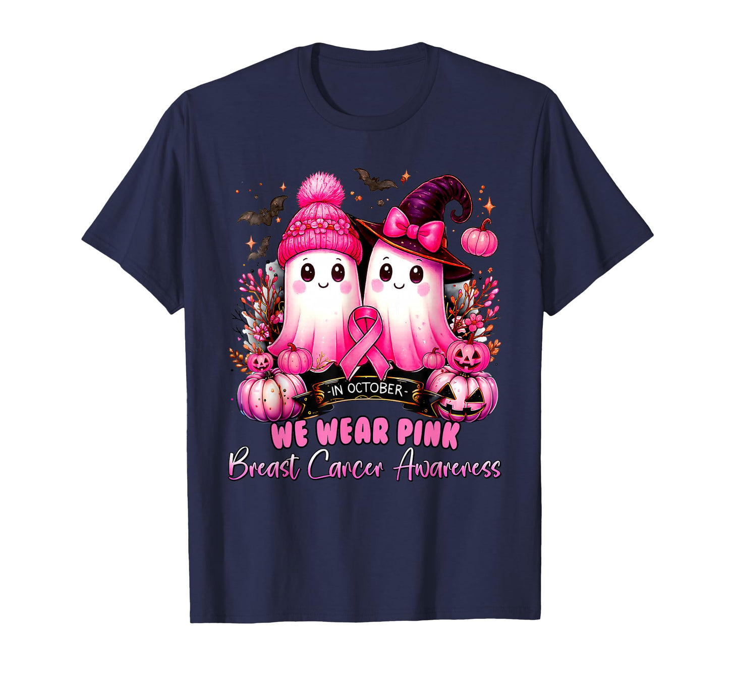 in October We Wear Pink Ghost Witch Breast Cancer Awareness T-Shirt