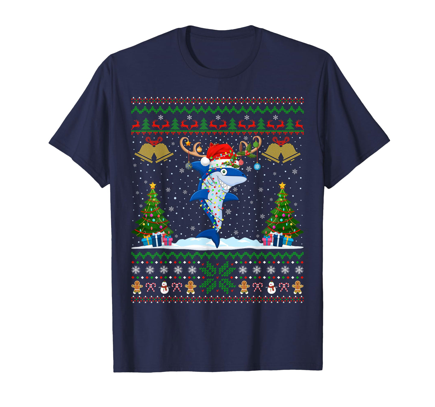 Ugly Xmas Sweater Reindeer Santa Hat Lights Shark Christmas T-Shirt
