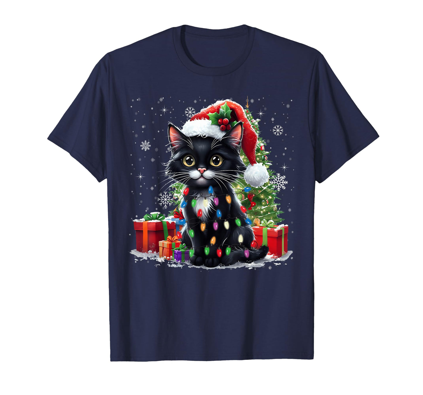 Black Cat Christmas Tree Light Cat Lover Xmas Men Women Kids T-Shirt