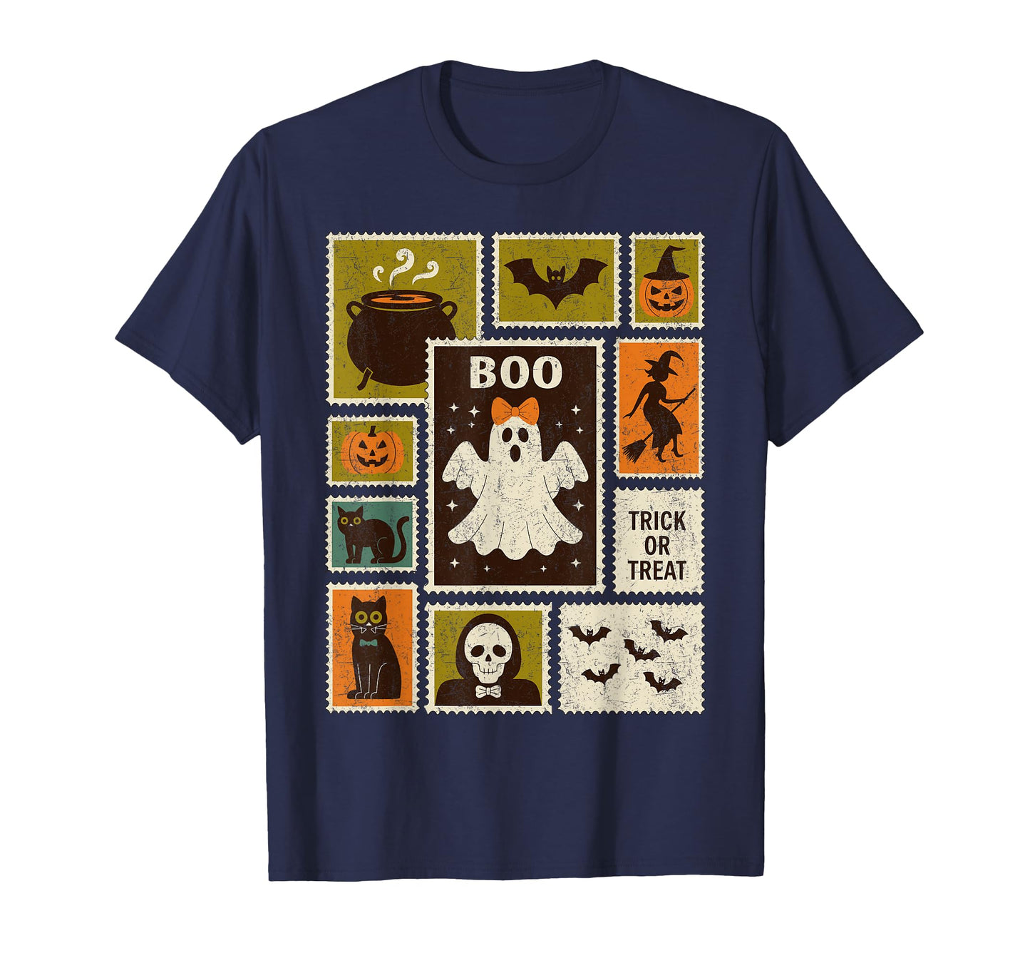 Halloween Stamps Spooky Pumpkin Ghost Cat Witch Skeleton T-Shirt