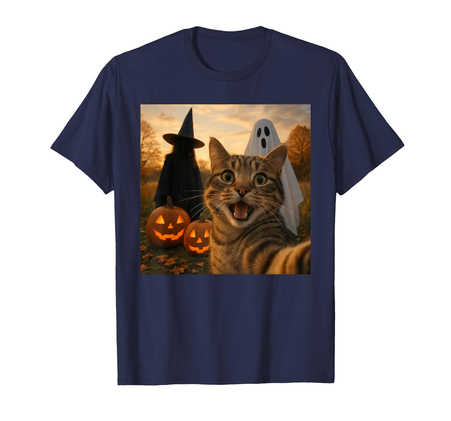 Funny Cat Selfie with a Witch & Ghost Scary Halloween T-Shirt