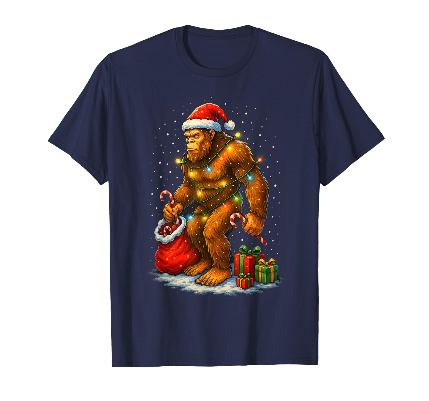 Santa Bigfoot Christmas Lights Funny Sasquatch T-Shirt