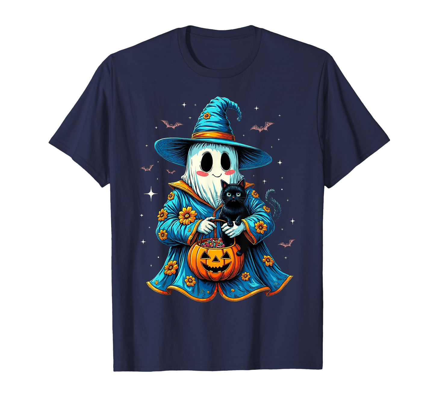 Ghost Holding Black Cat Lover Halloween 2025 Groovy Floral T-Shirt