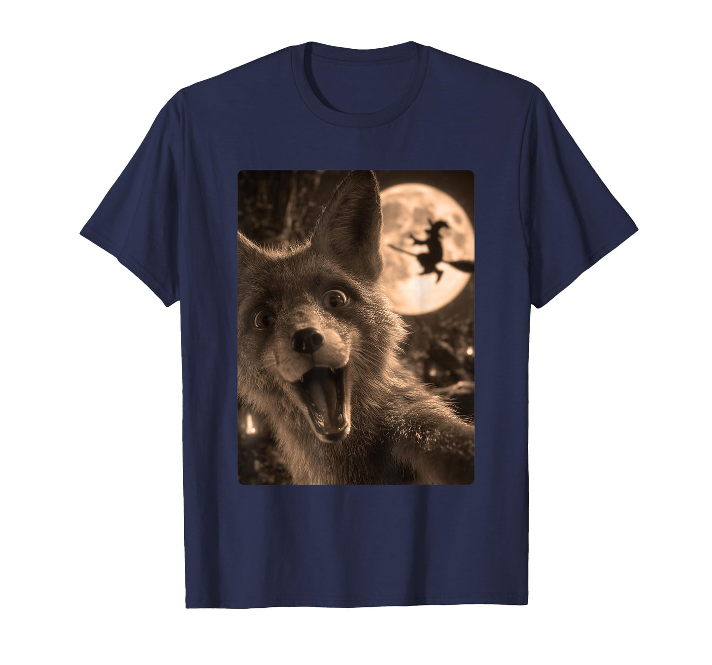 Funny Fox Selfie Full Moon Flying Witch Forest Halloween T-Shirt