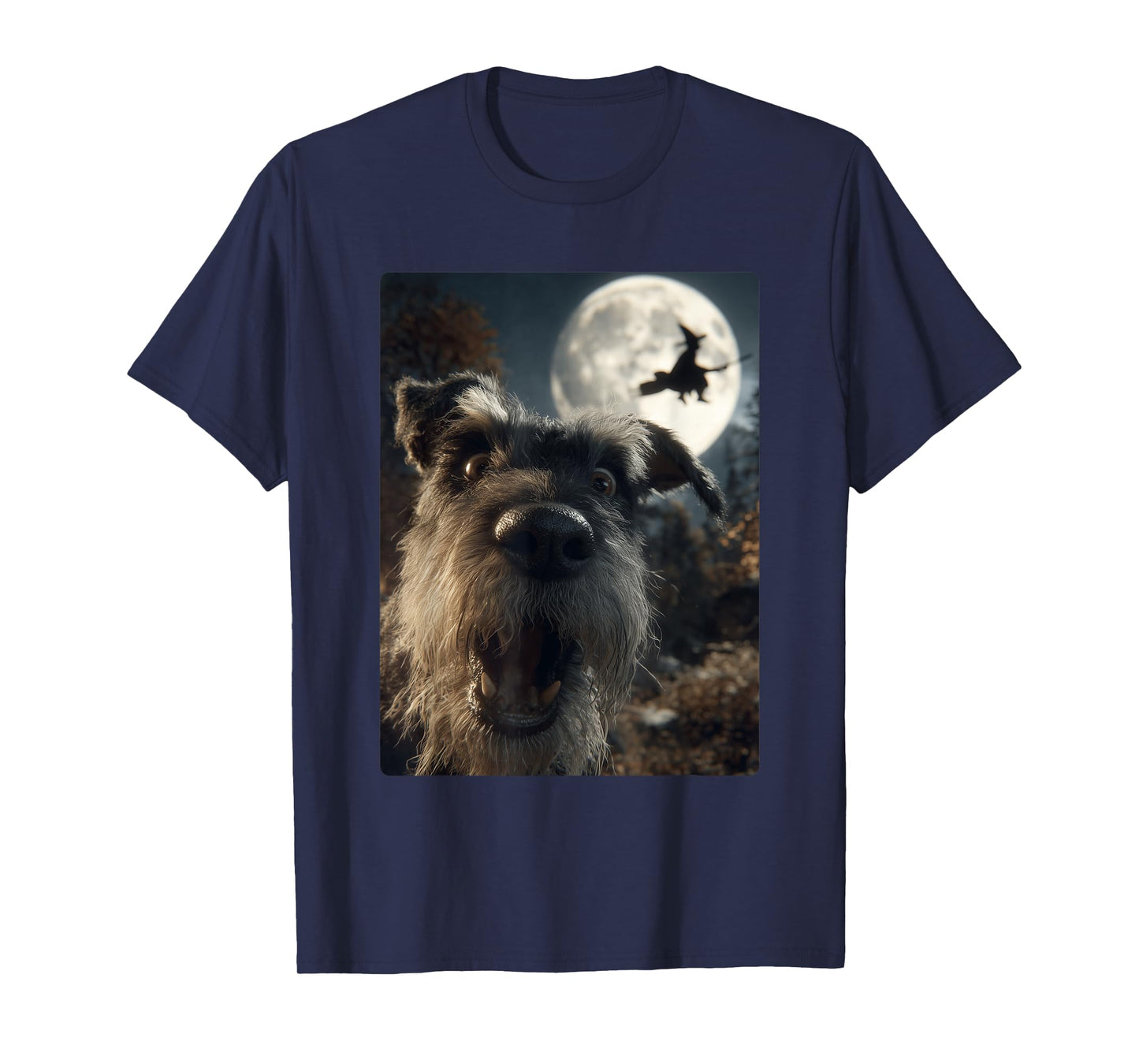Funny Schnauzer Selfie Full Moon Flying Witch Halloween Dog T-Shirt