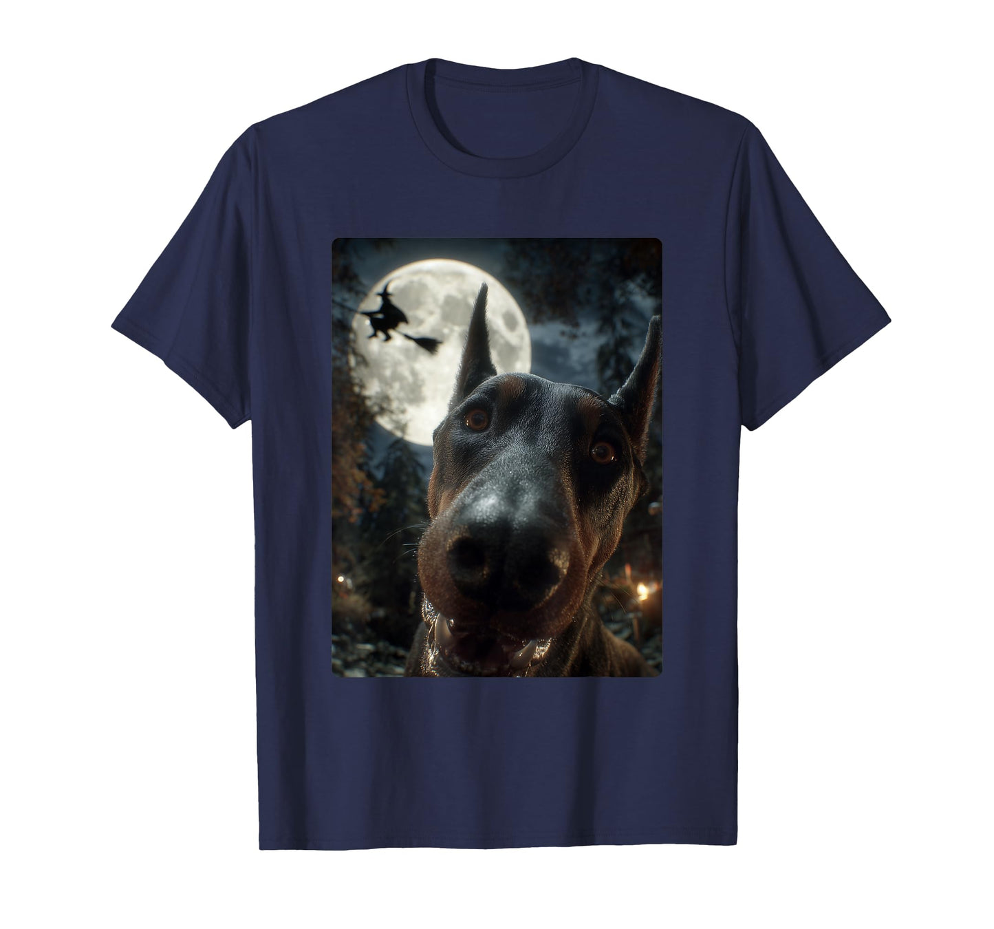Funny Doberman Selfie Full Moon Flying Witch Halloween Dog T-Shirt