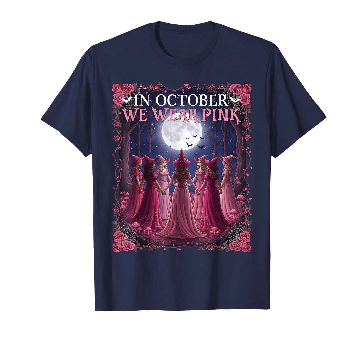 in October We Wear Pink Witch Halloween Breast Cancer T-Shirt