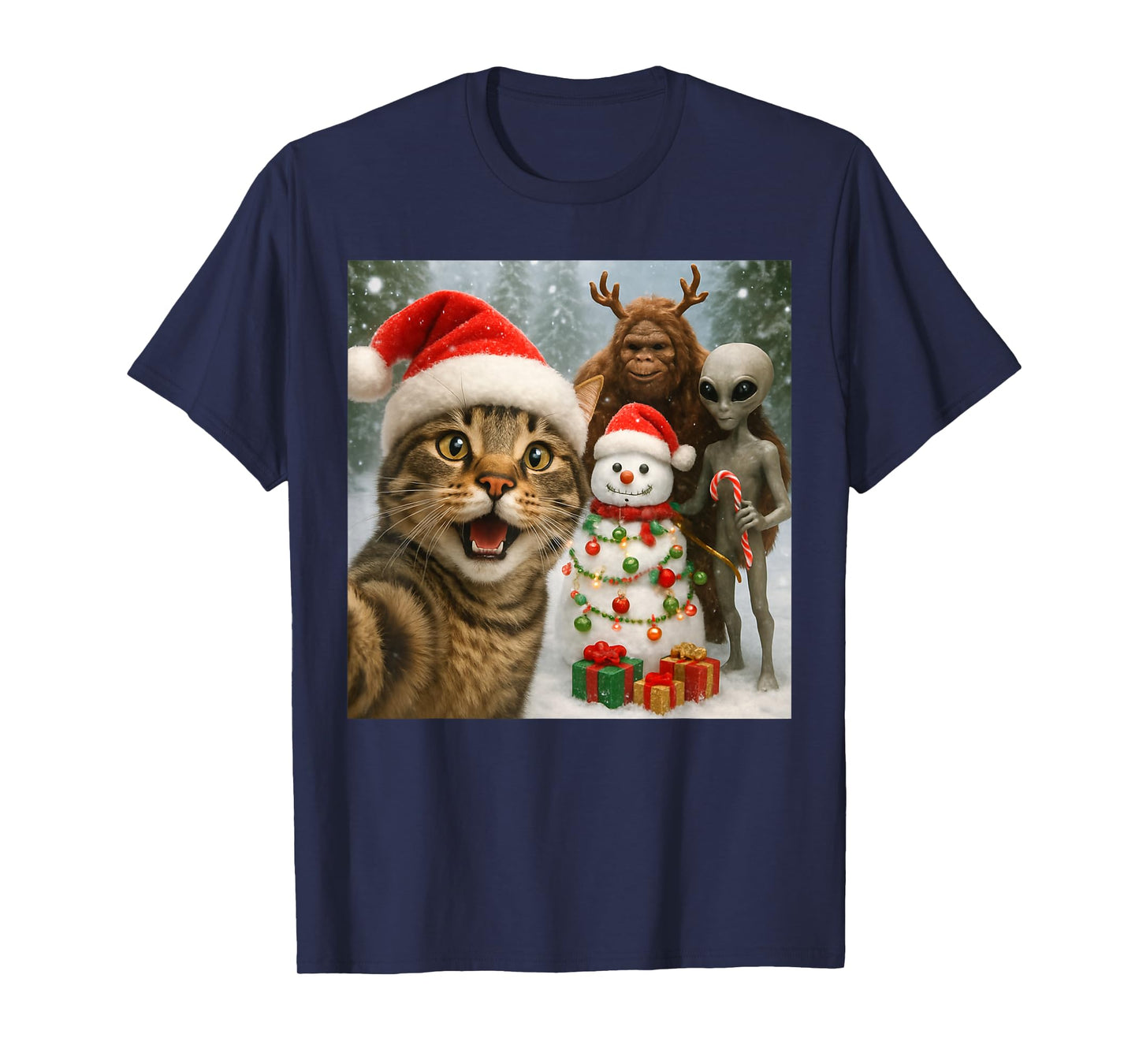 Funny Christmas Cat Selfie with Bigfoot Alien & Snowman T-Shirt