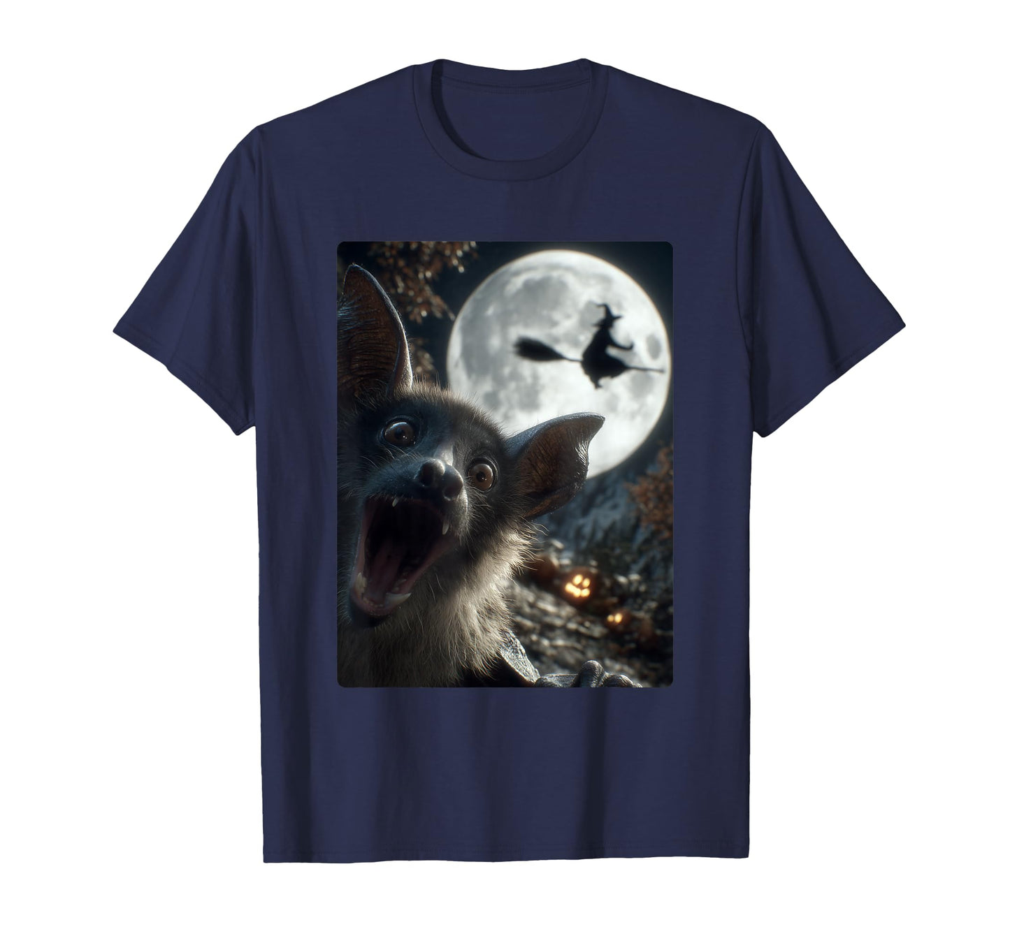 Funny Bat Selfie Full Moon Flying Witch Forest Halloween T-Shirt