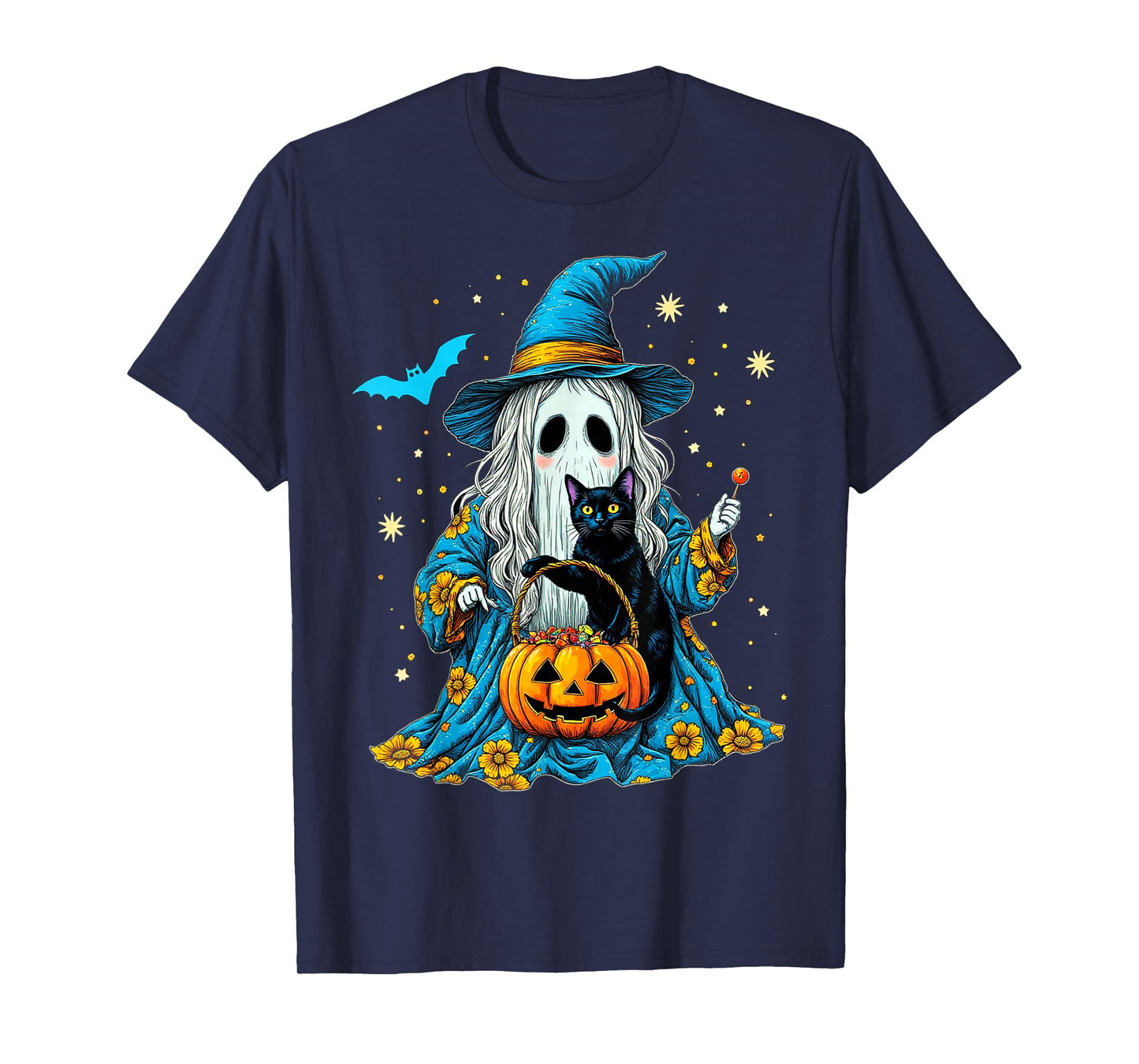 Ghost Holding Black Cat Lover Halloween 2025 Groovy Floral T-Shirt