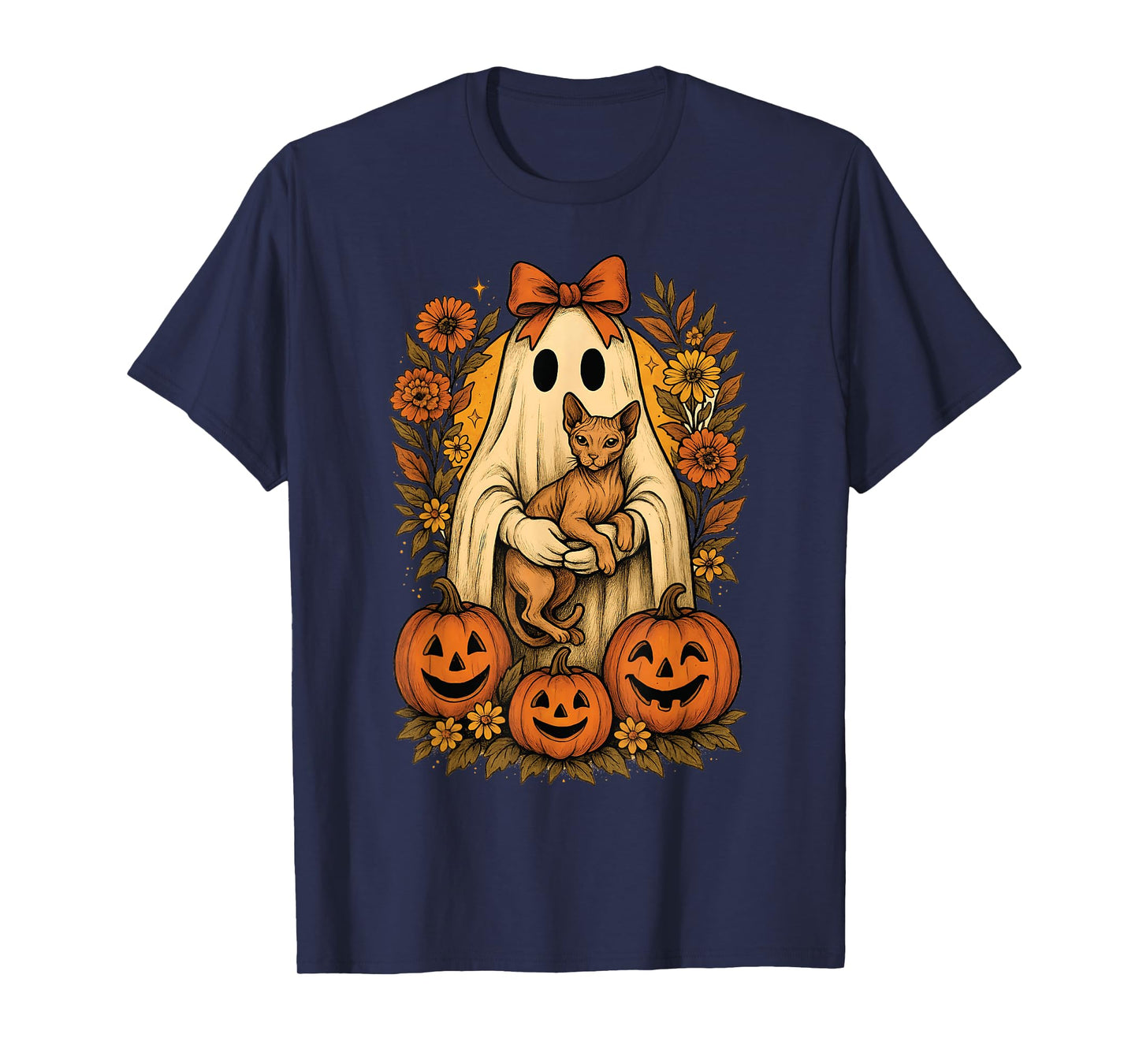 Vintage Ghost Holding Sphynx Cat with Pumpkins Halloween T-Shirt