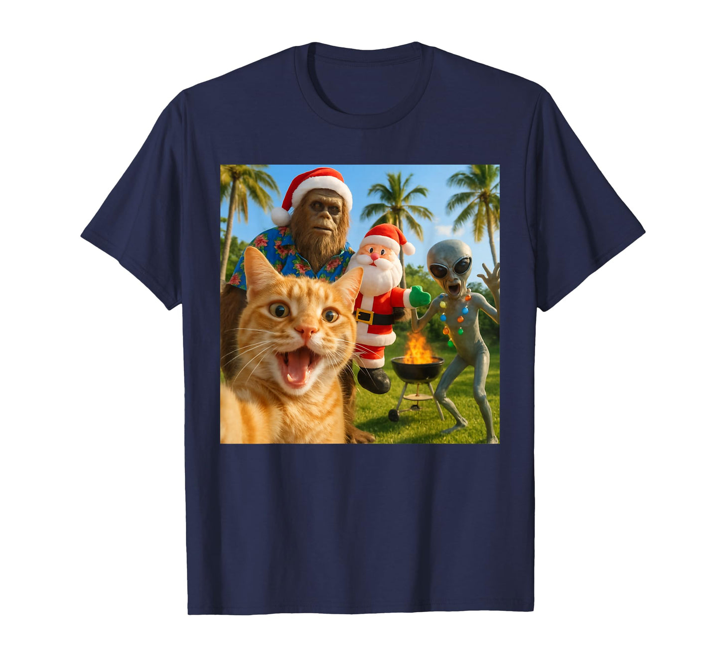 Funny Christmas Cat Selfie with Bigfoot & Alien BBQ Party T-Shirt