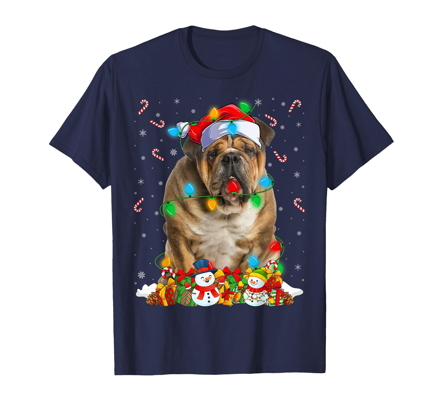 Bulldog Christmas Lights Funny Santa Hat Bulldog Xmas T-Shirt