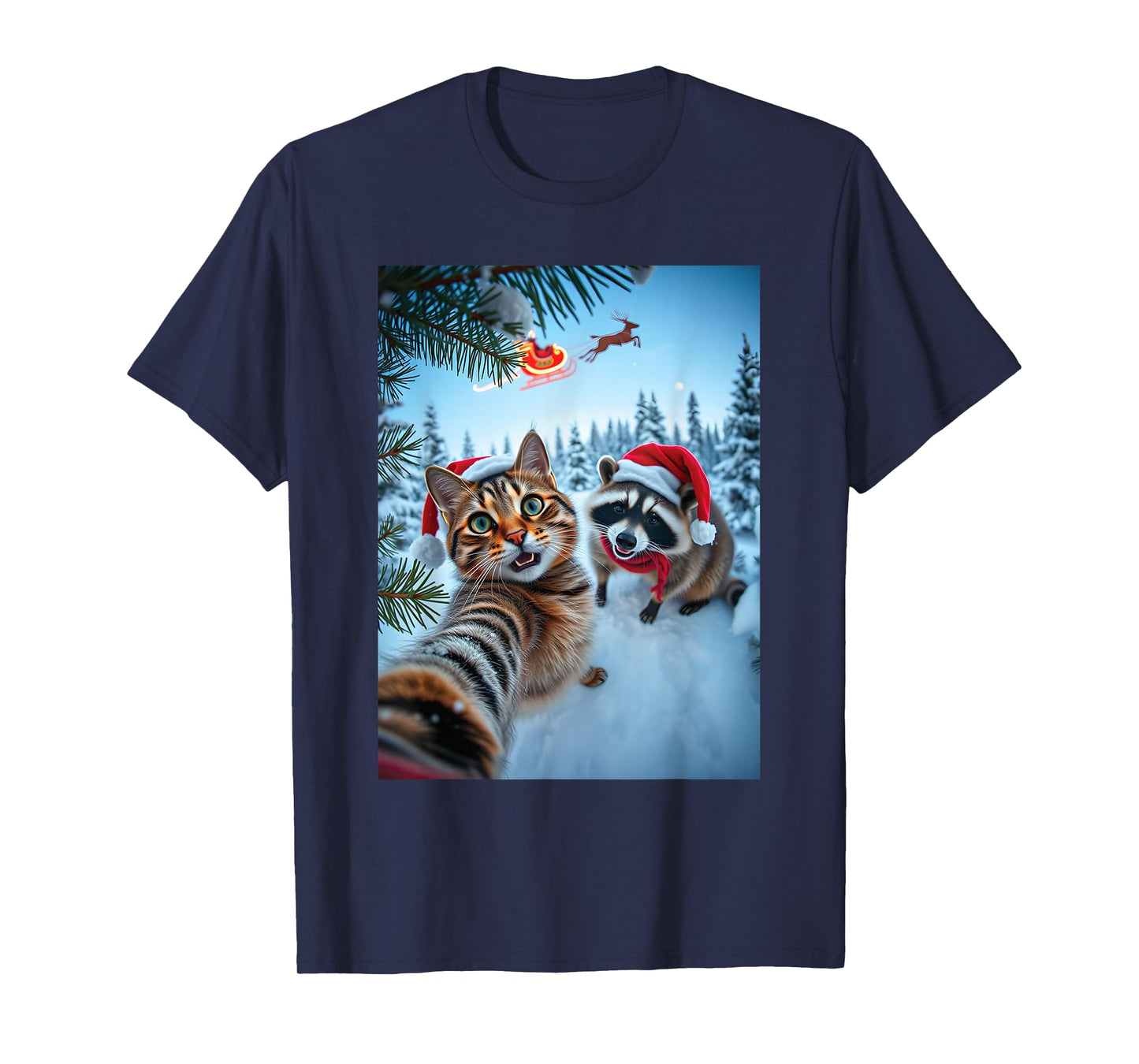 Funny Christmas Santa Raccoon Cat Selfie for Men Women T-Shirt
