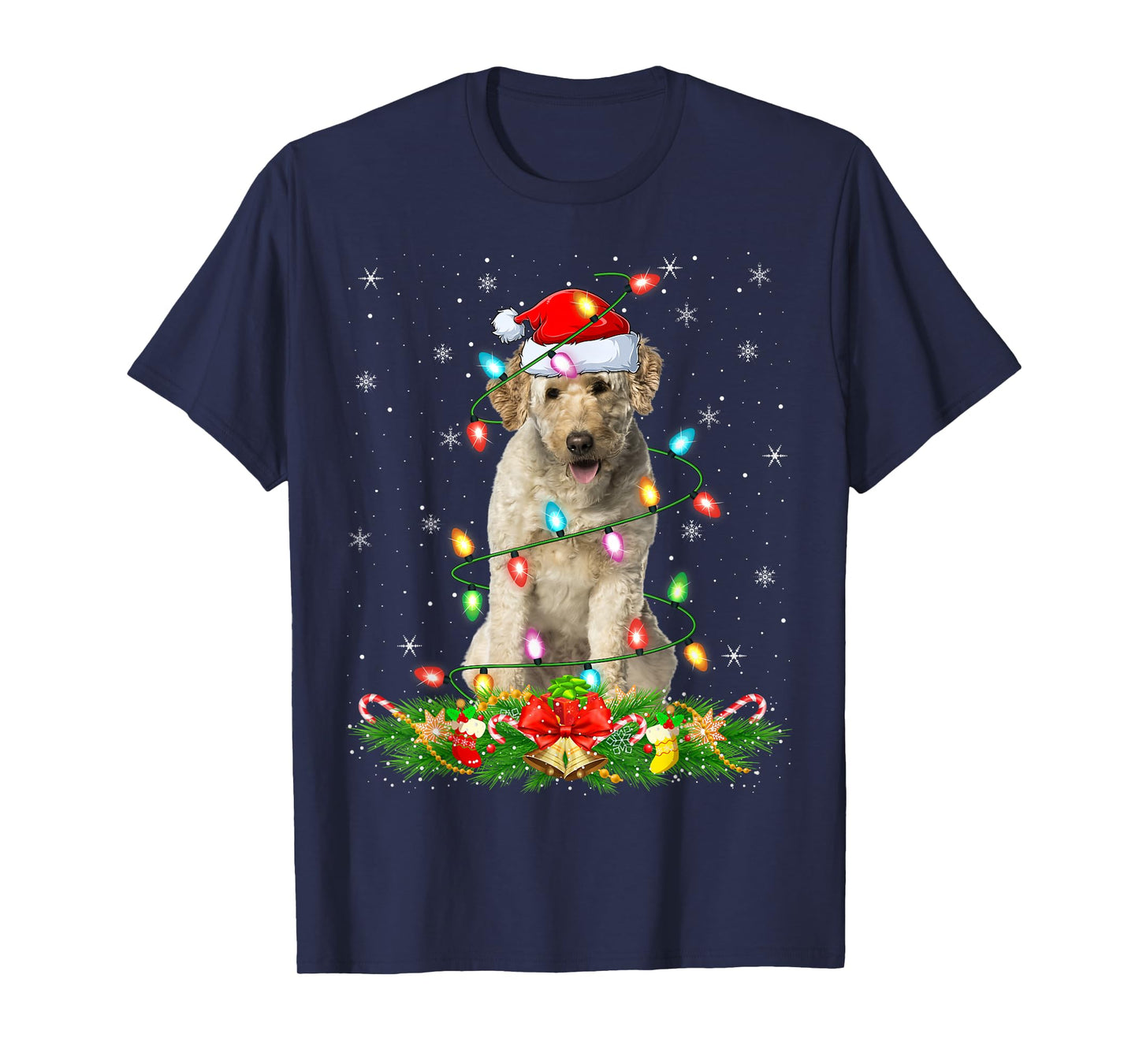 Labradoodle Dog Christmas Lights Funny Santa Hat Xmas T-Shirt