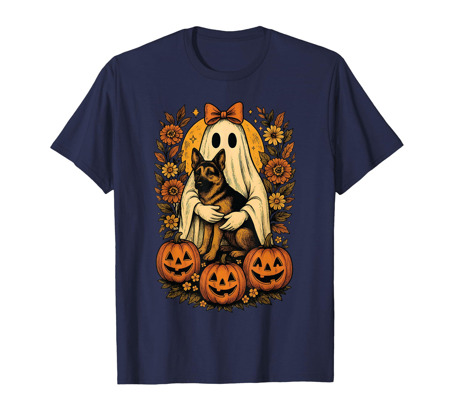 Vintage Halloween Ghost Holding German Shepherd Dog T-Shirt
