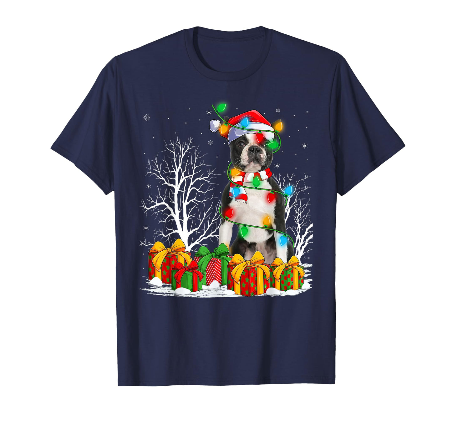 Boston Terrier Dog Christmas Lights Decor Holiday Santa Xmas T-Shirt