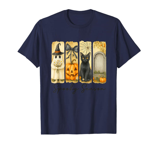 Spooky Season Ghost Cat Pumpkin Grave Design T-Shirt