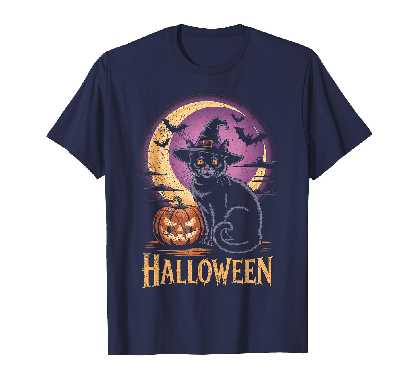 Scary Halloween Black Cat Witch Hat & Pumpkin T-Shirt
