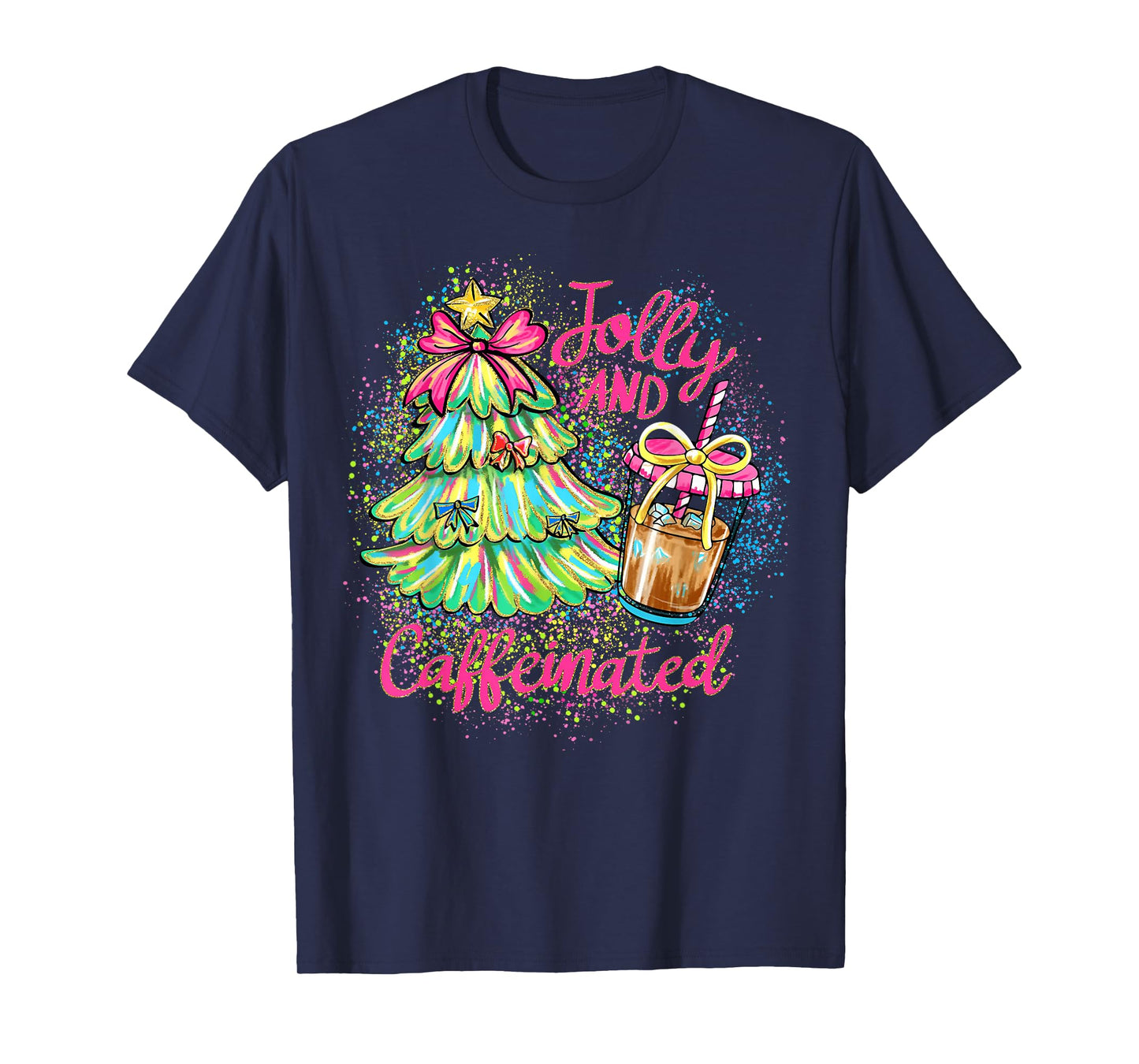 Jolly and Caffeinated Christmas Tree Coquette Bow Coffee T-Shirt