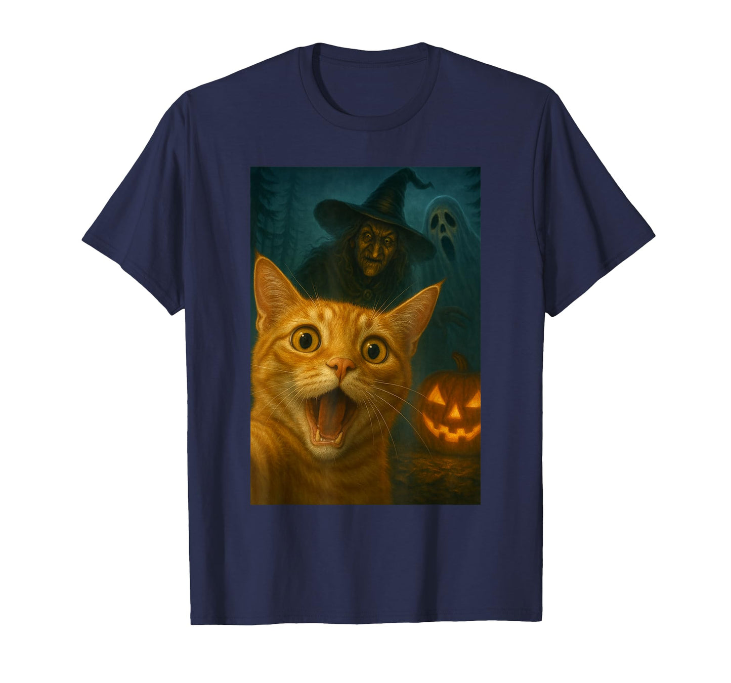 Scared Cat Pumpkin Halloween Spooky Night Funny Humor Tee T-Shirt