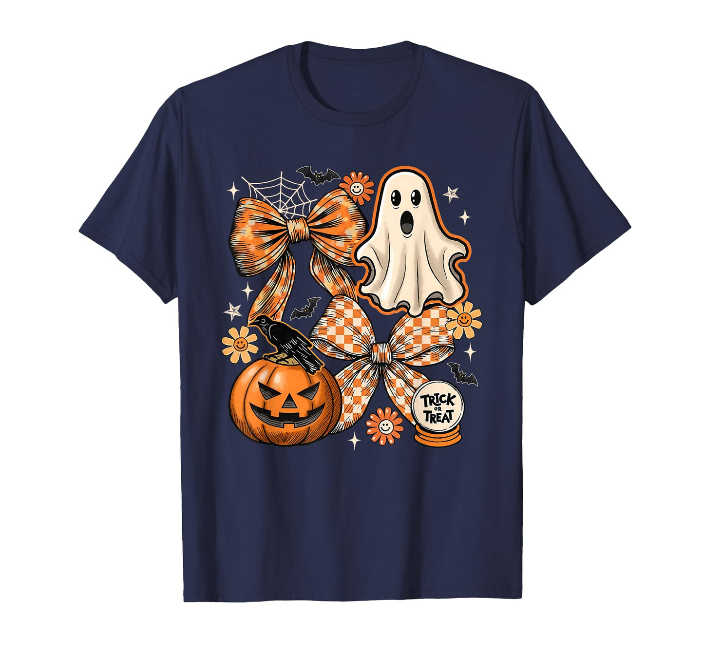 Funny Halloween Ghost Coquette Floral Fall Pumpkin Bow T-Shirt