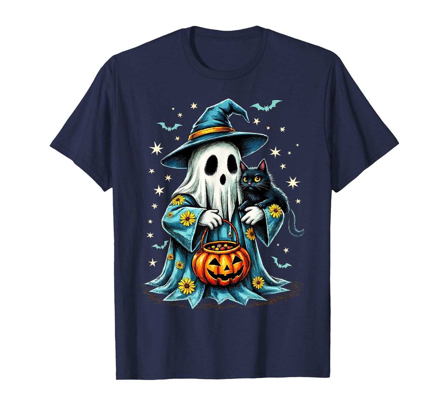 Ghost Holding Black Cat Lover Halloween 2025 Groovy Floral T-Shirt