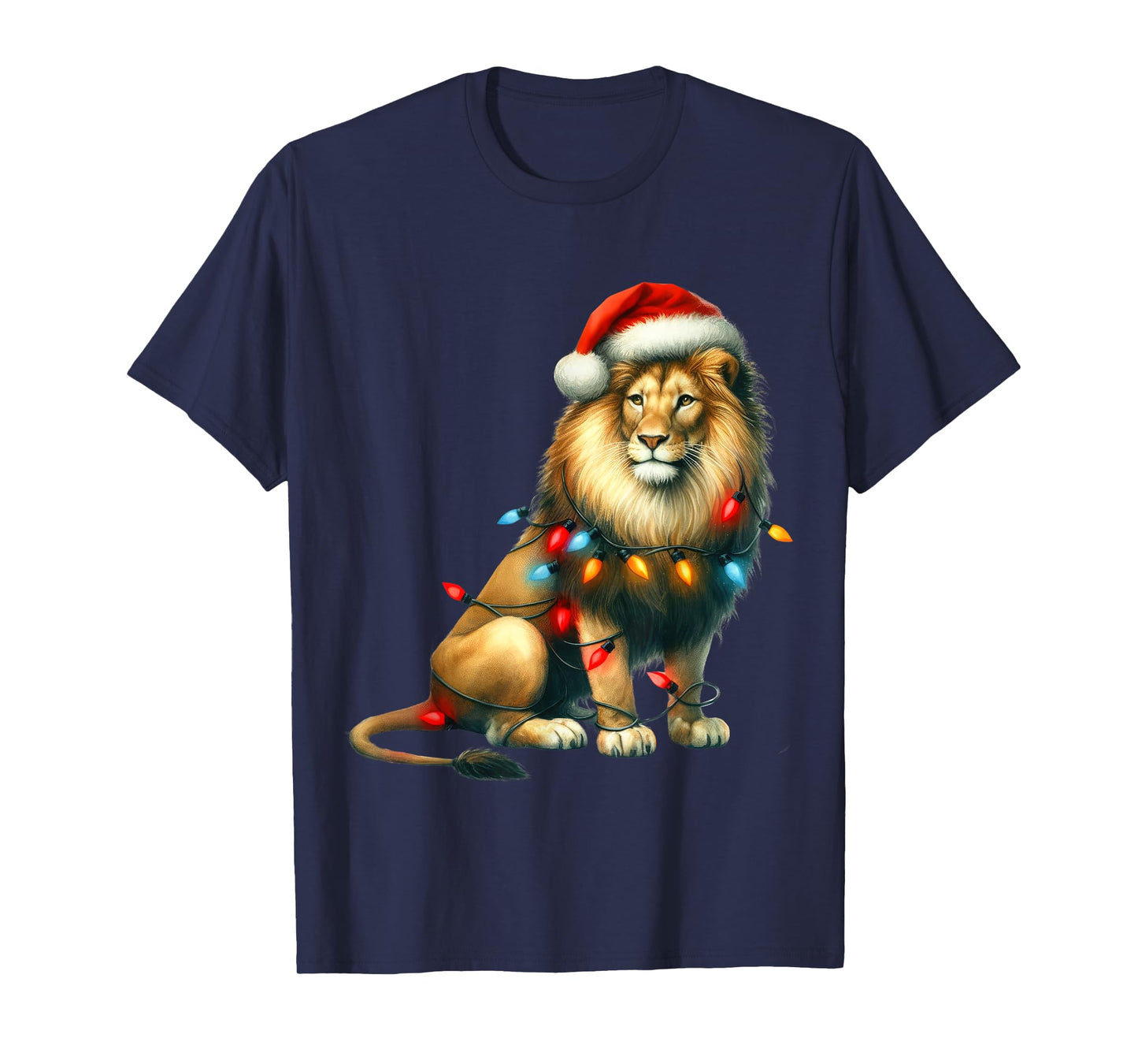 Lion Christmas Lights Funny Santa Hat Merry Xmas T-Shirt