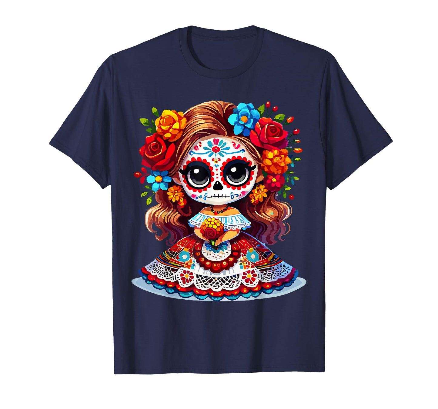 Cute Catrina Doll with Flowers Sugar Skull Halloween Costume T-Shirt