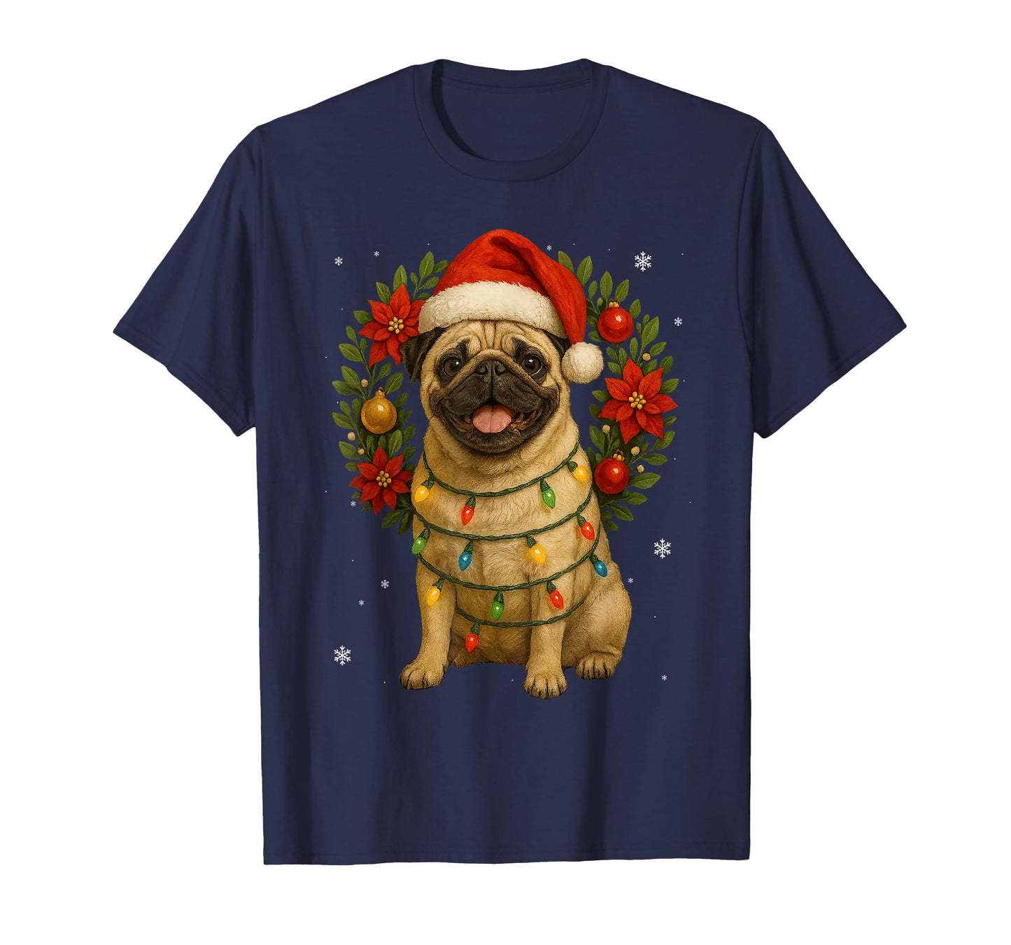 Cute Pug Festive Dog Lights Christmas Wreath Xmas Holidays T-Shirt