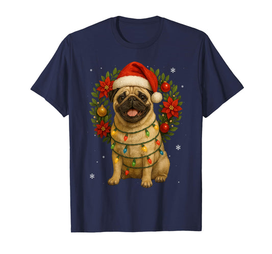 Cute Pug Festive Dog Lights Christmas Wreath Xmas Holidays T-Shirt