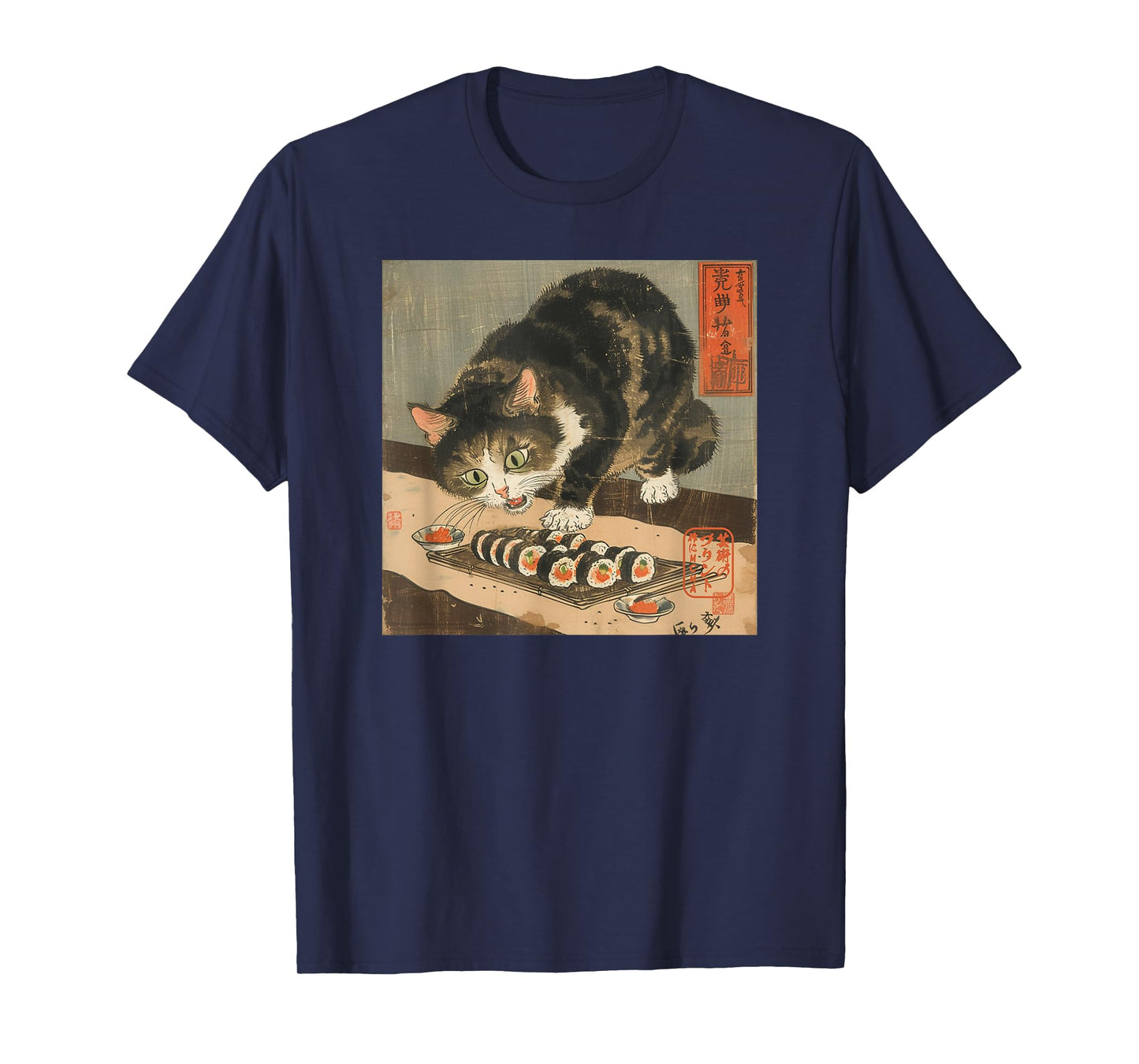 Sushi Cat – Japanese Retro Art Print for Foodie and Cat Love T-Shirt for Men Women Kids