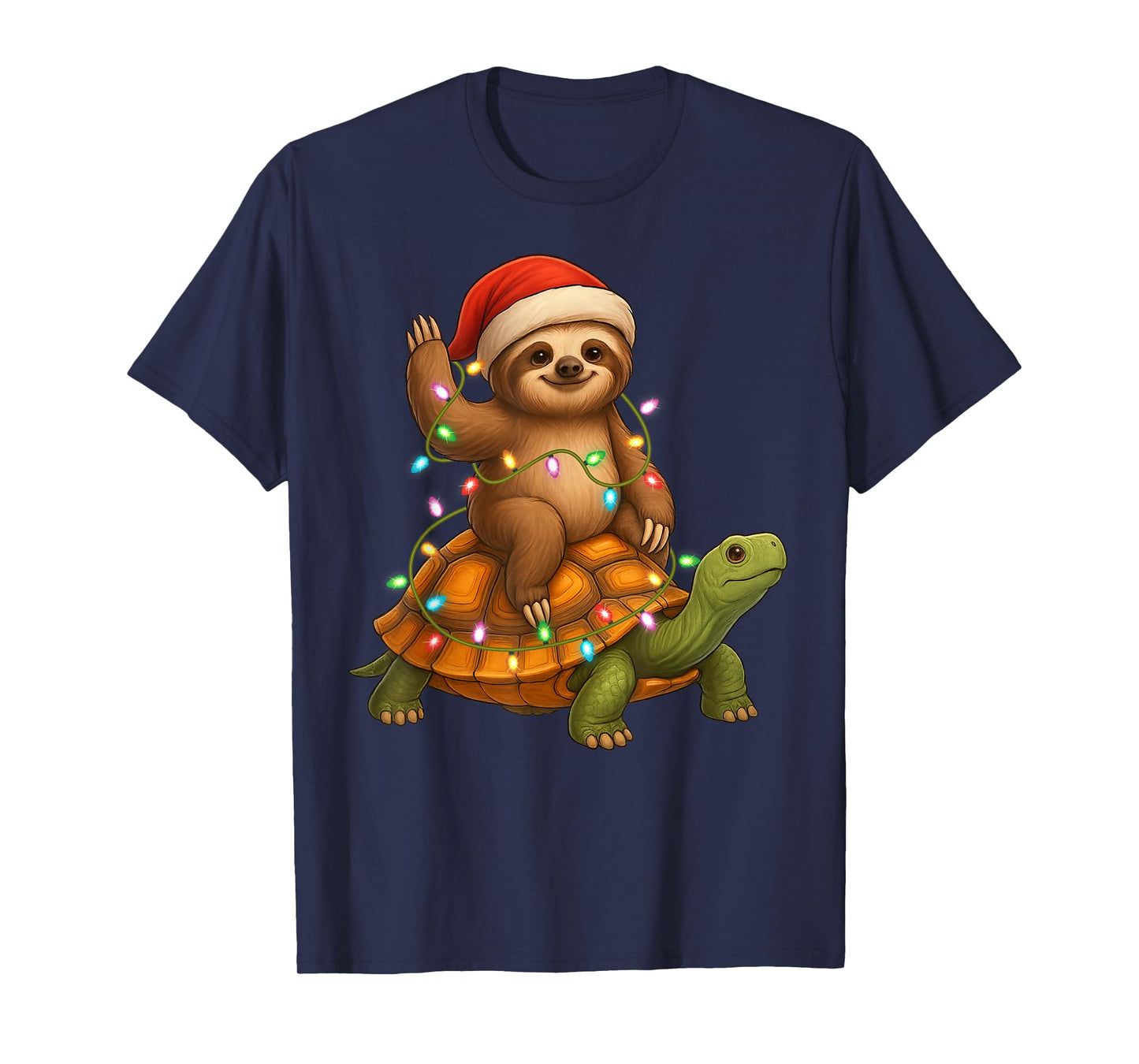 Sloth Riding Turtle Christmas Tees Snow Xmas Lights Pajamas T-Shirt
