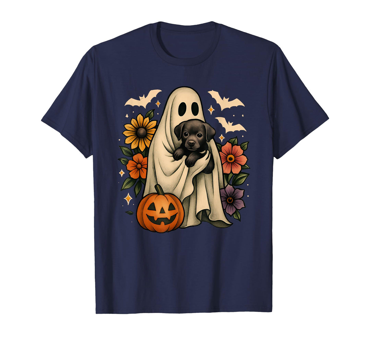 Floral Ghost Black Dog Coquette Funny Halloween Design T-Shirt