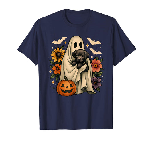 Floral Ghost Black Dog Coquette Funny Halloween Design T-Shirt