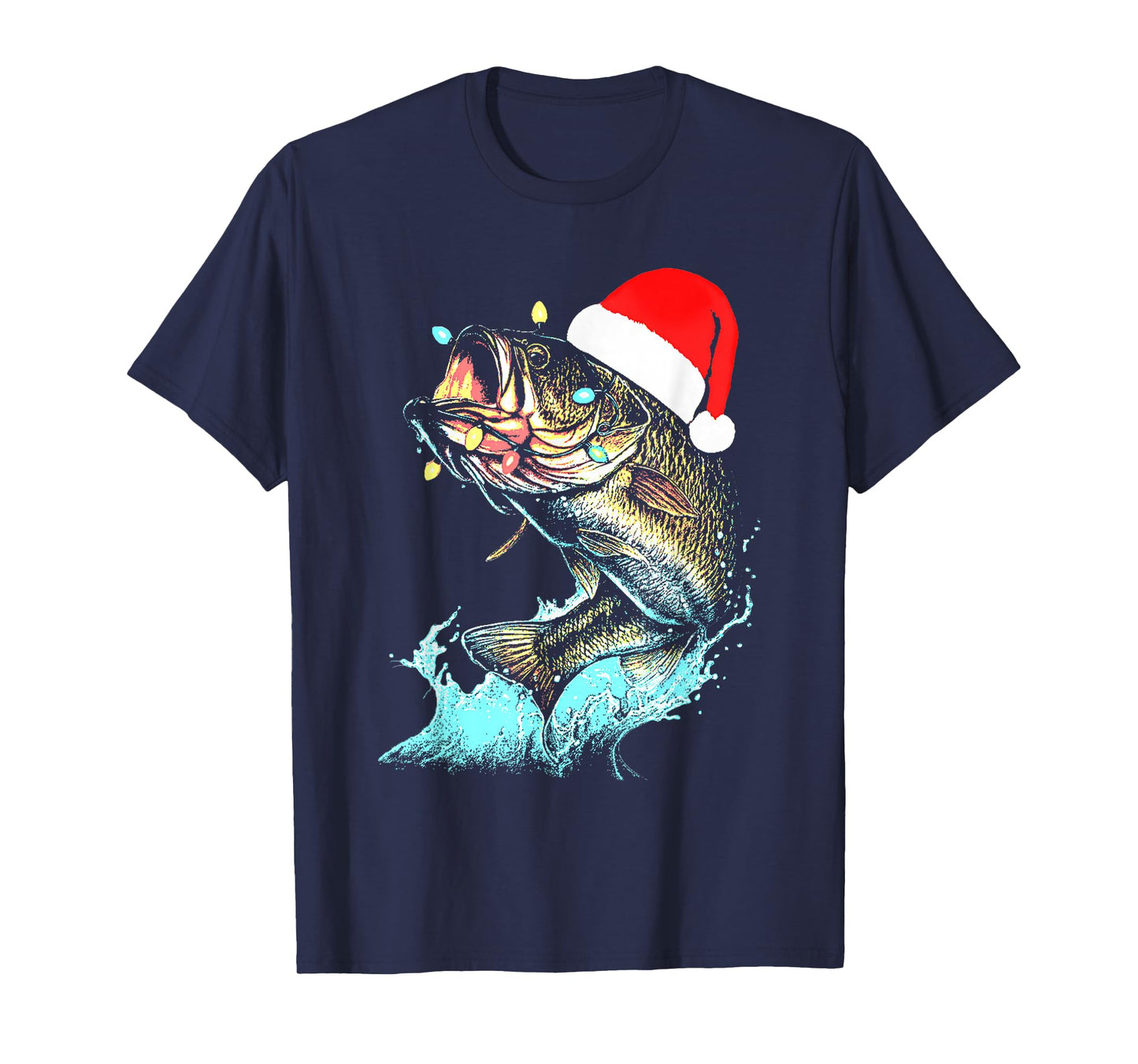 Christmas Dad Bass Fish Funny Fishing Santa Hat Lights Men T-Shirt