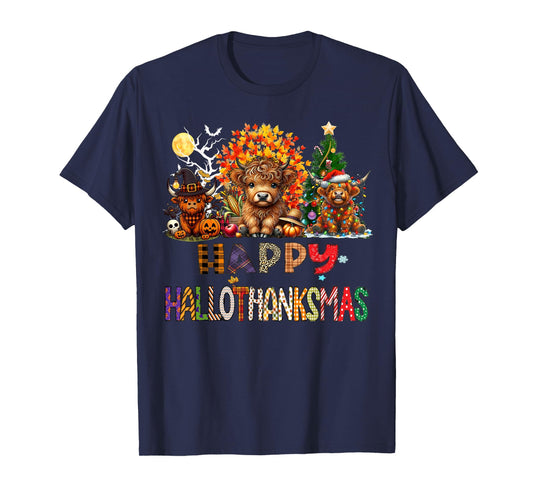 Happy Halloween Thanksgiving Christmas Highland Cow Holiday T-Shirt