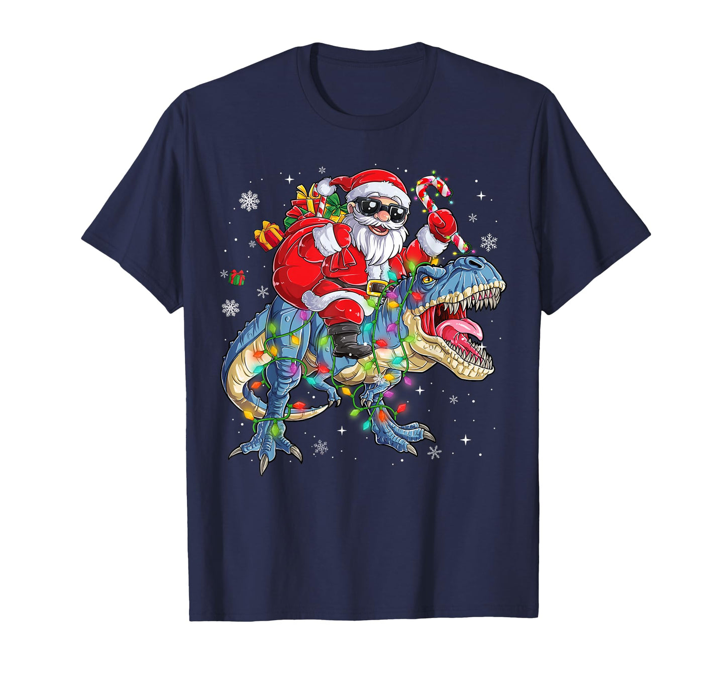 Santa Riding Dinosaur Lights Christmas Kids Boys Men Xmas T-Shirt