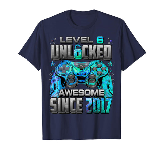 Level 8 Unlocked Awesome Since 2017 8th Birthday Gaming T-Shirt