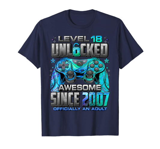 Level 18 Unlocked Awesome Since 2007 18th Birthday Gaming T-Shirt