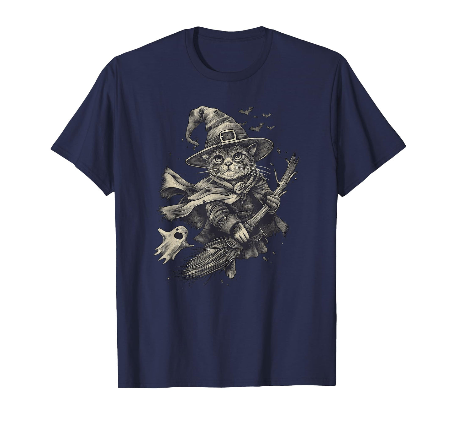 Vintage Halloween Cat Witch Broomstick T-Shirt