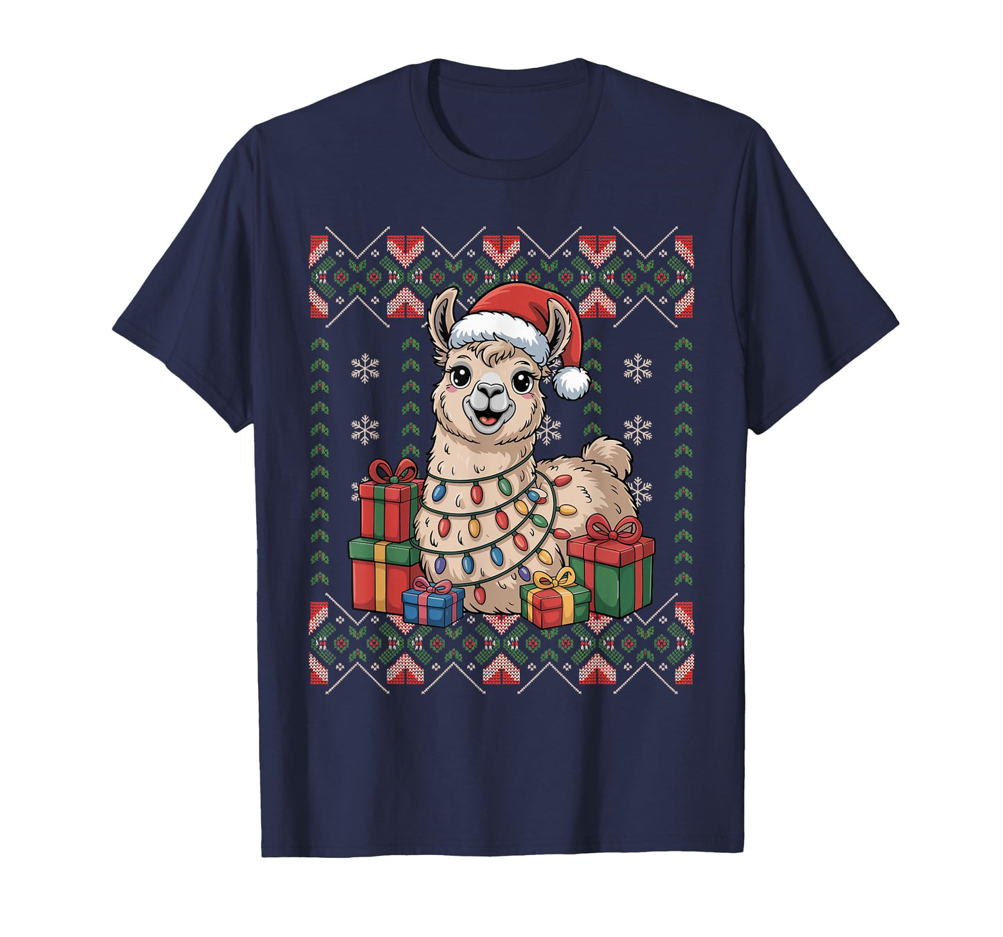 Santa Llama Christmas Ugly Sweater Funny Holiday Pajamas T-Shirt