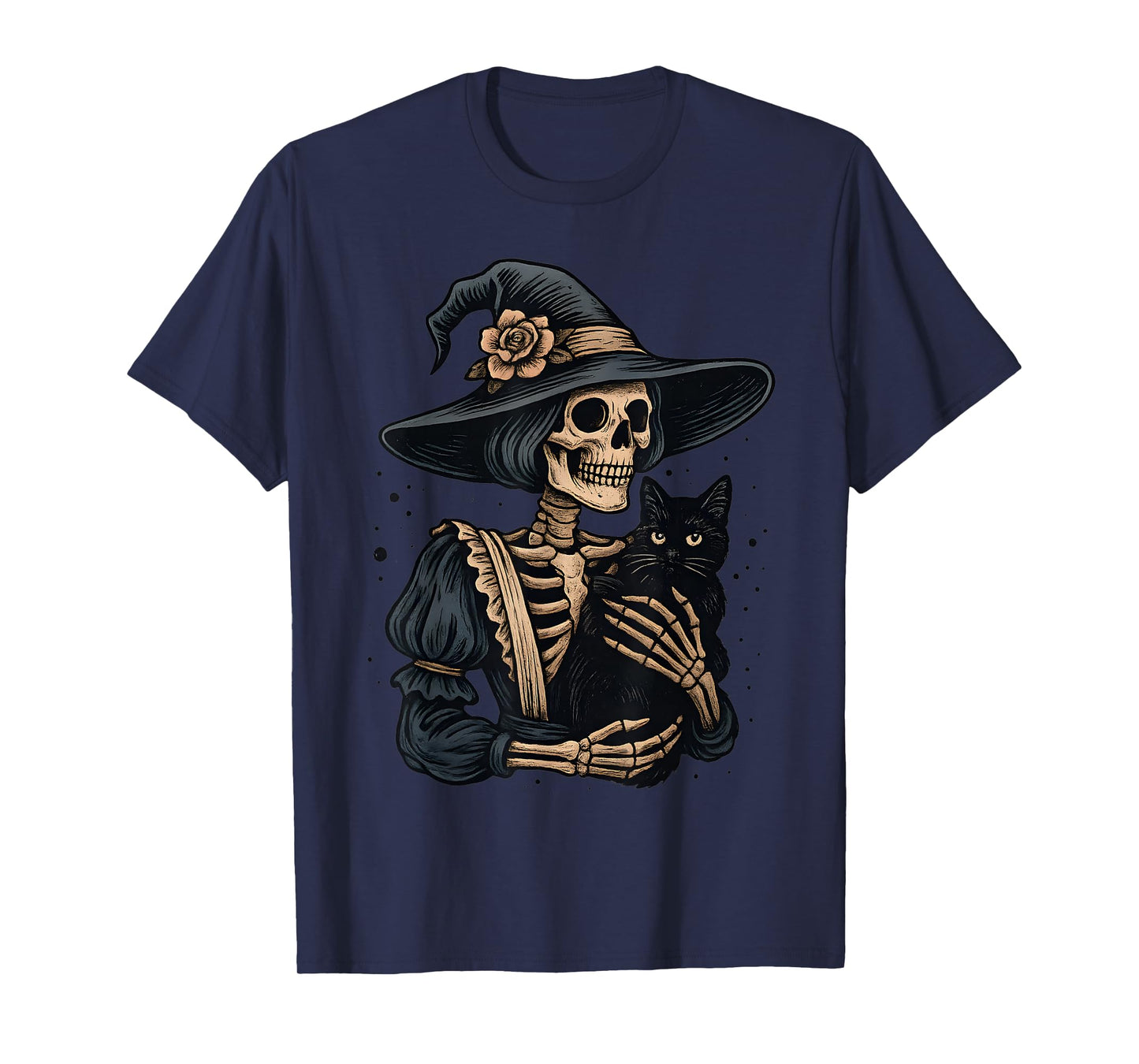 Witch Skeleton Hugging Black Cat Halloween Cats Mom Dad T-Shirt
