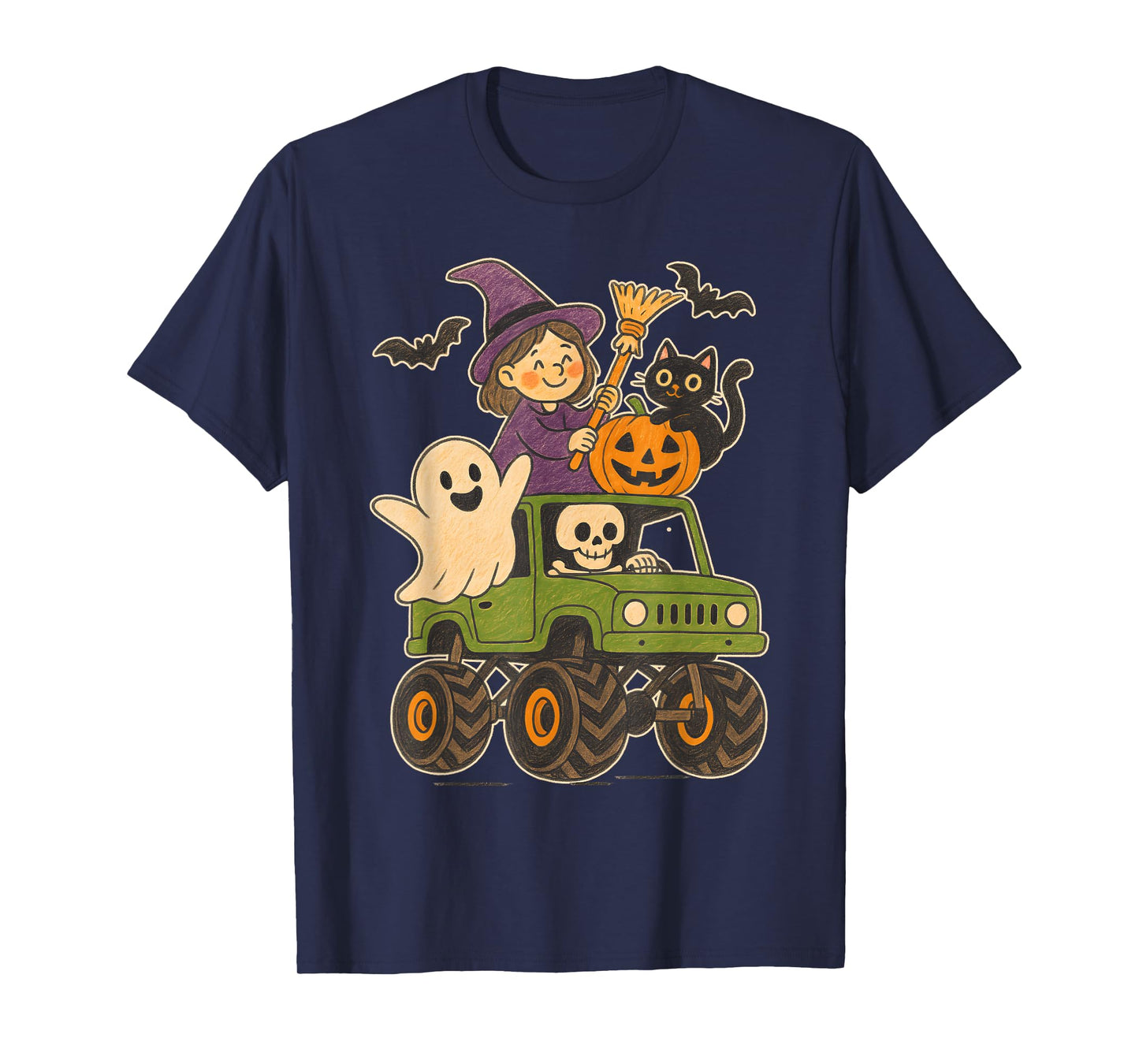 Skeleton Witch Cat Ghost Pumpkin Kids Funny Halloween T-Shirt