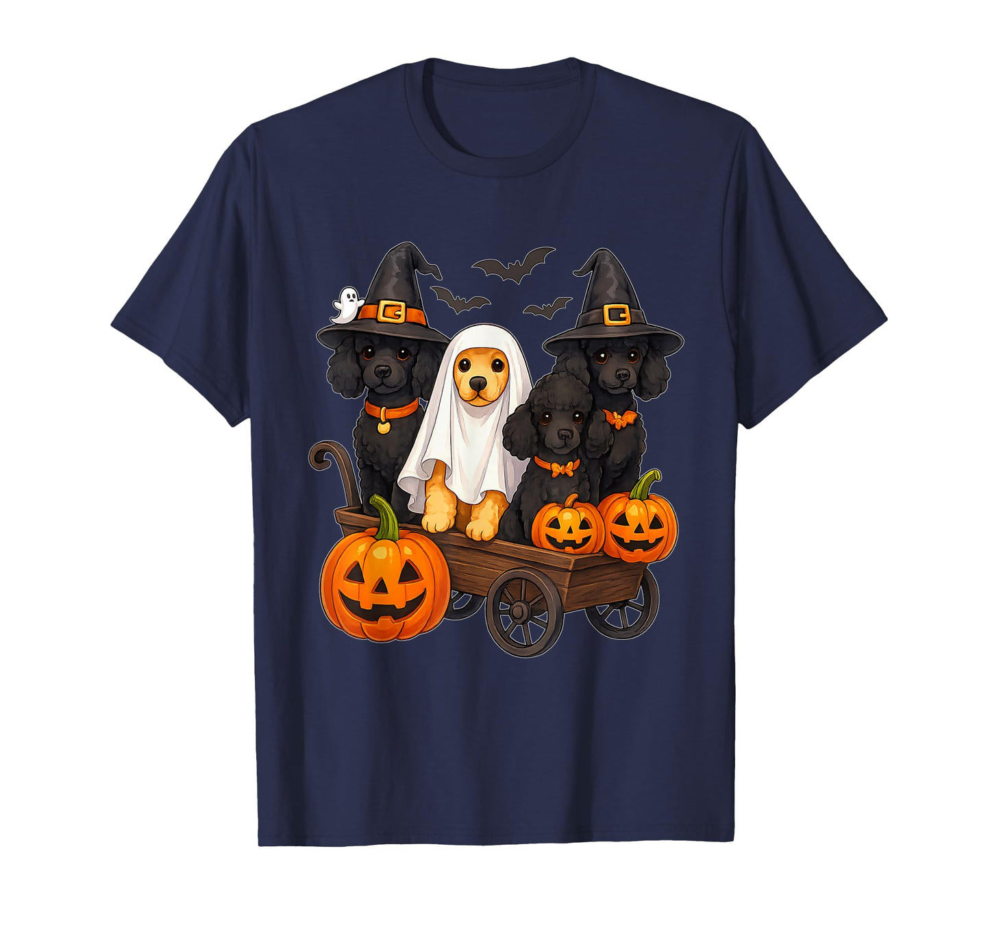 Halloween Poodle Dogs Ghost Witch Pumpkins Wooden Wagon Cute T-Shirt