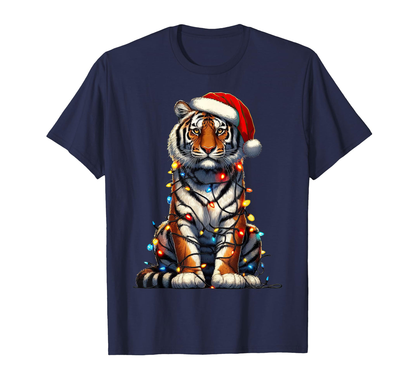 Tiger Christmas Lights Funny Santa Hat Merry Xmas T-Shirt